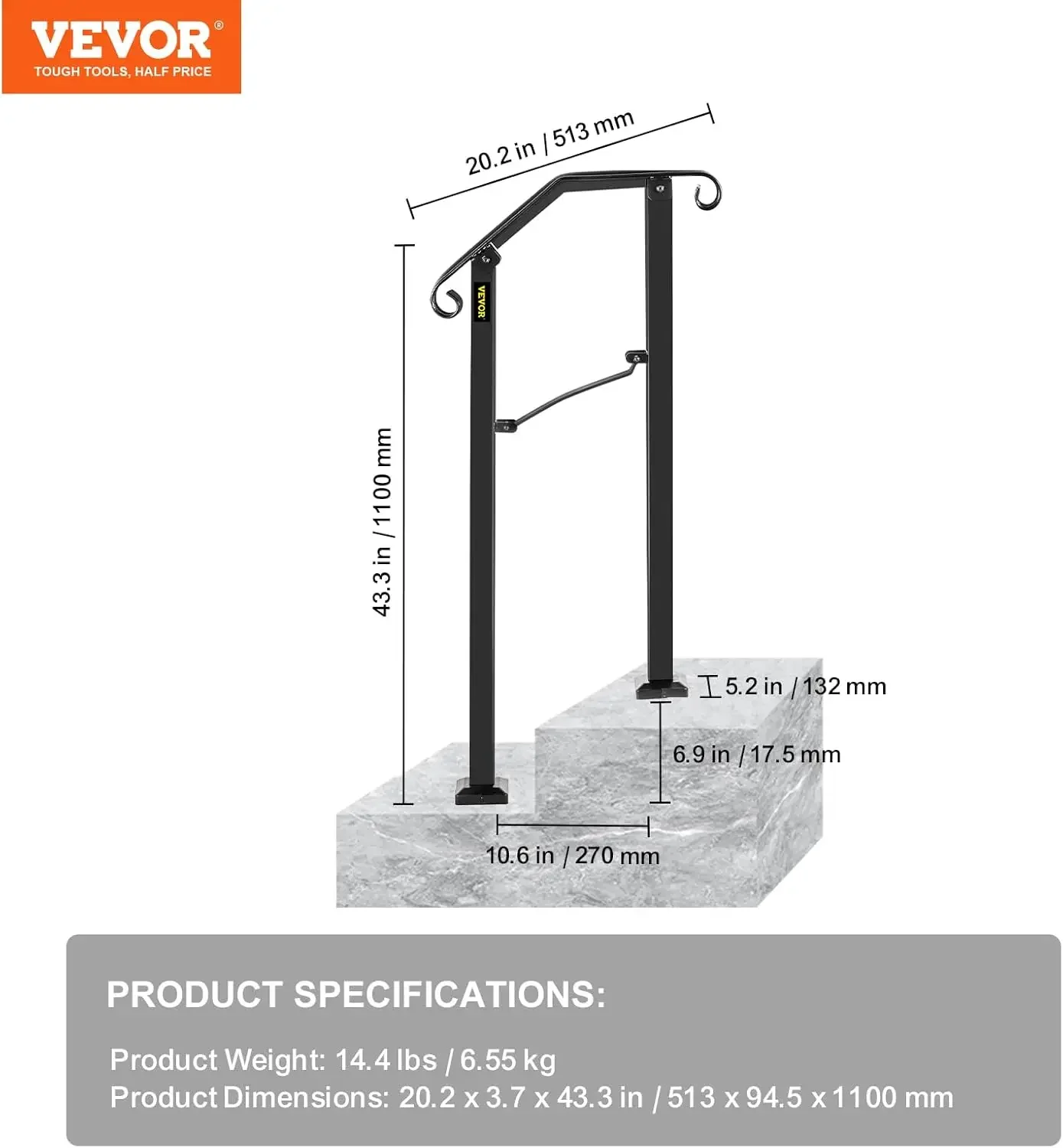 Handrails for Outdoor Steps, Fit 1 or 2 Steps Outdoor Stair Railing, Arch#1 Wrought Iron Handrail, Flexible Porch Railing