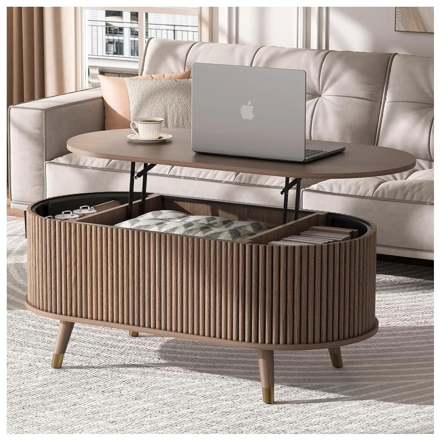 

42.5" Oval Lift Top Coffee Table with Storage, Mid Century Modern Walnut Center Table with Fluted Design, Pop Up, Customized