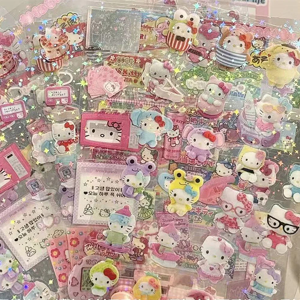 Sanrio Hellokitty Rilakkuma Anime Diecutting Sticker 5Pcs Flashing Laser Sticker Handbooks Material Diy Sticker Accessories Gift