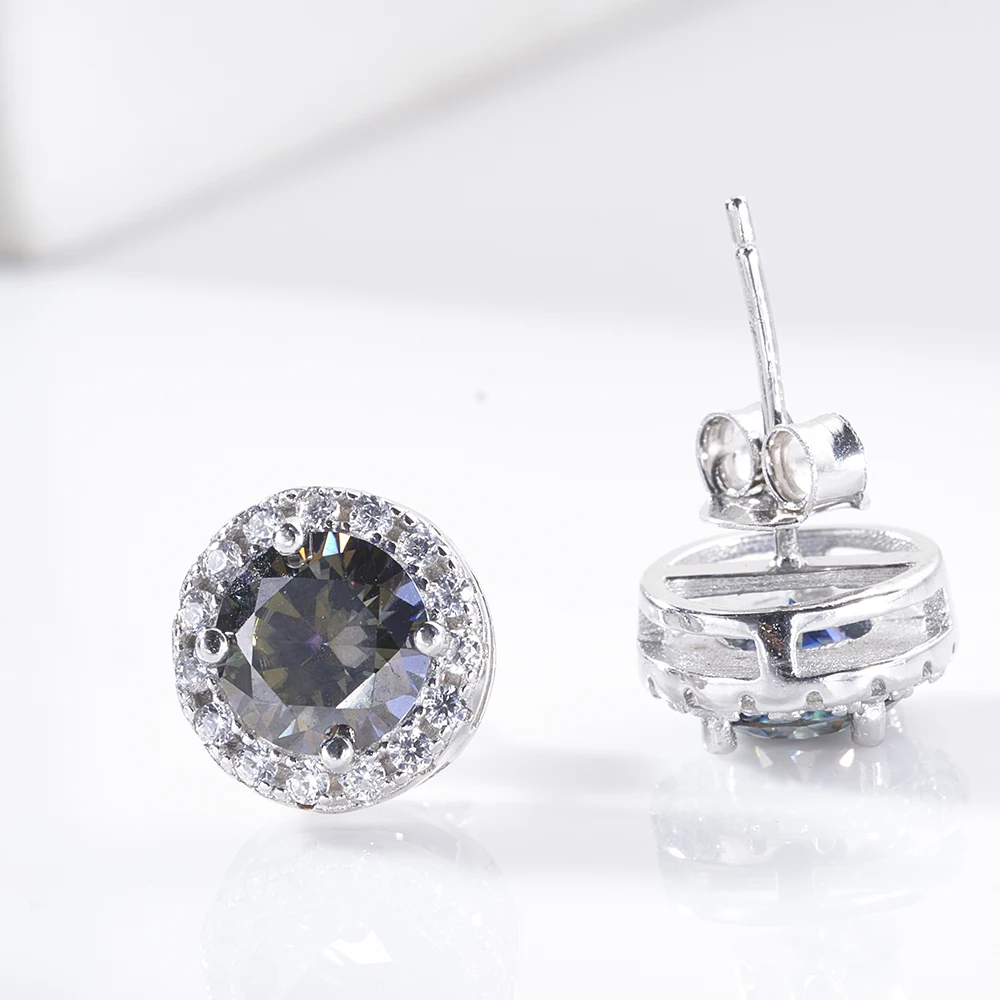 Real 925 Sterling Silver stub earring with  Round Cut 1.0ct D Color Moissanite Diamond Halo Stud Earrings for Women Jewelry Gift