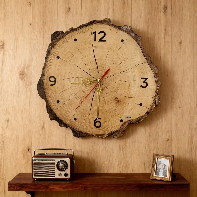 Wooden Irregular Wall Clock Creative Vintage Annual Ring Design Hanging Watch Silent Clock Distressed Watch Home Decoration Gift