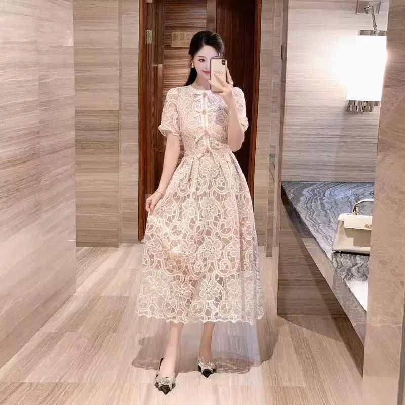 Ele Pizzo ricamato Dr Lavoro pesante da donna rotondo Ne Puffy Sve Vita snellente Gonna ampia Fibra di poliestere Primavera S...