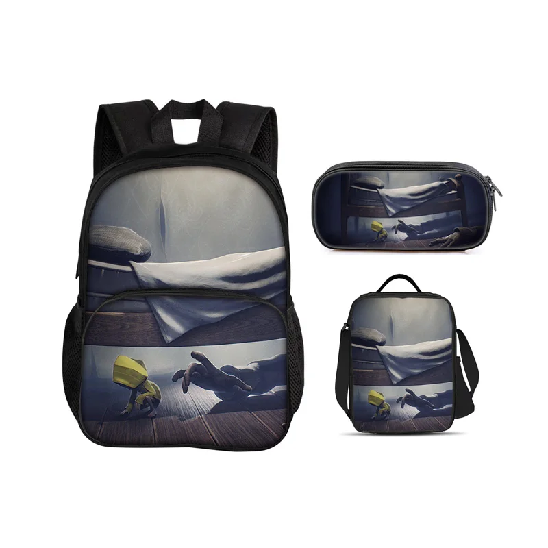 Little Nightmares Round Front Bag Backpack Pen Bag ice Bag 3Pcs Set Cartoon Print Male and Female Students School New Style
