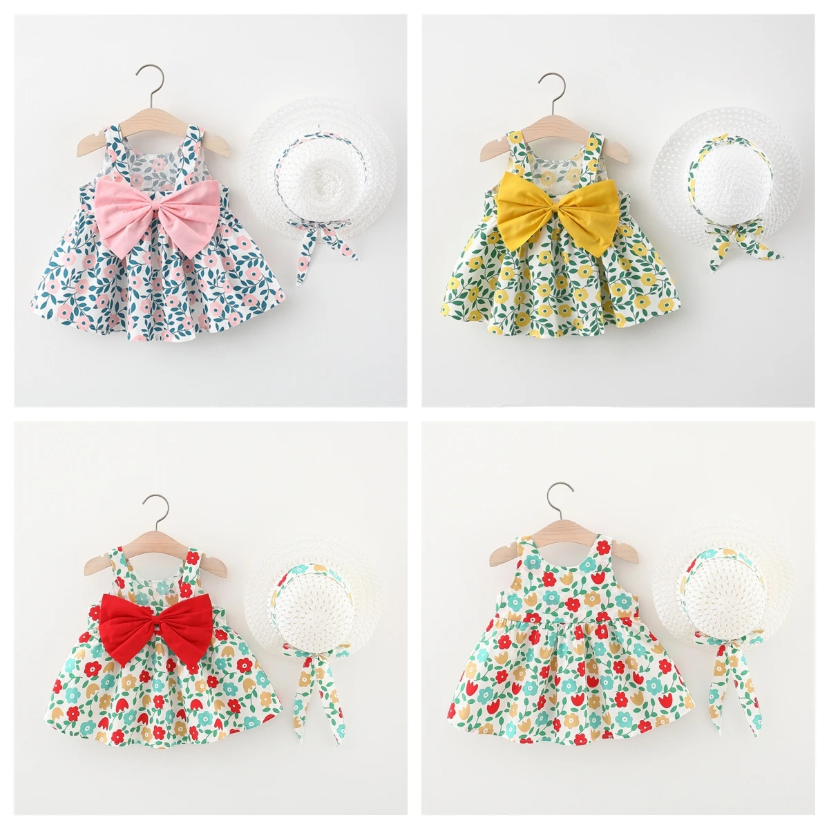 2-Piece Baby Strap Dress+Woven Hat Girls' Open Back Bow Blossom Cool Beach Skirt Children'S Beautiful Clothes