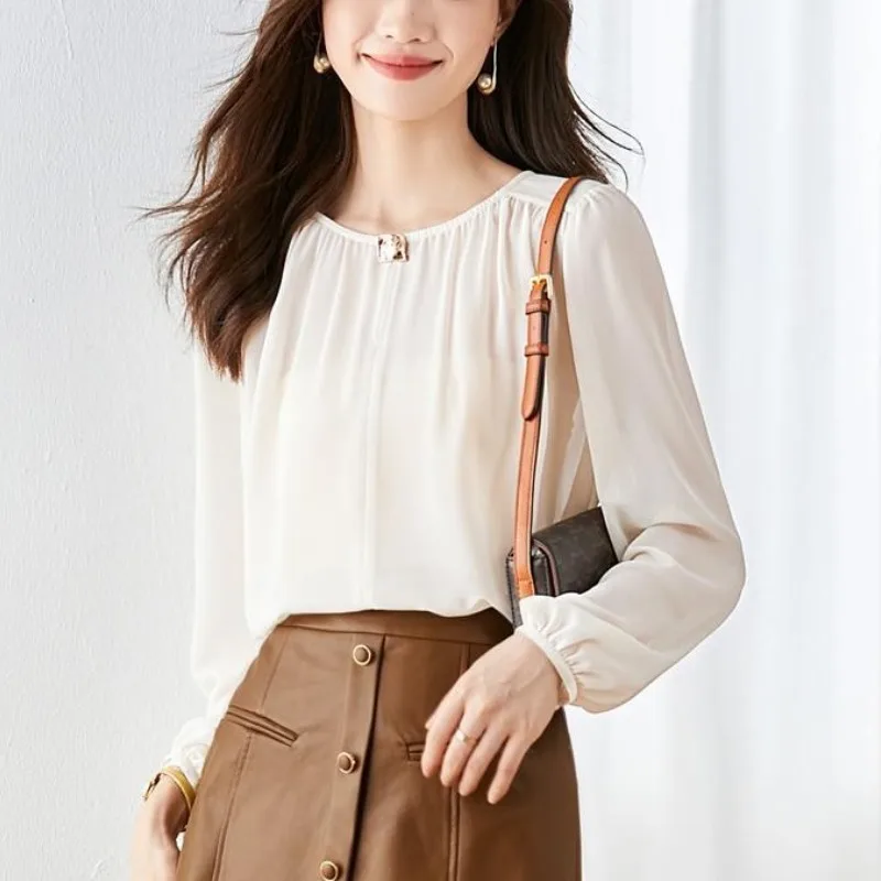 Spring and Autumn Women's Pullover Round Neck Solid Diamonds Loose Fit Long Sleeve Chiffon Shirt Fashion Elegant Commuter Tops