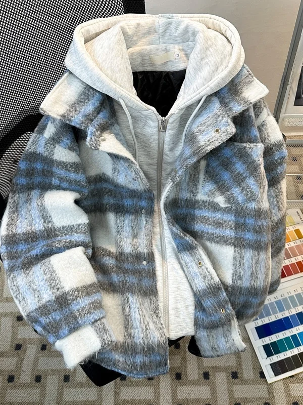 

Men's Plaid Woolen Coat Spring Autumn American Retro Hooded Top Trendy Loose Small Fraance Sle Jaet Youth ular Long ...