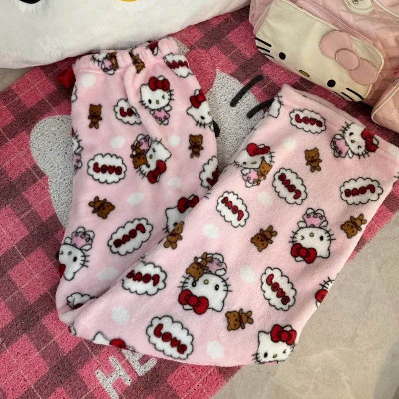 Y2K Hallo Kitty Sanrioed Frauen Plüsch Pyjama Hosen Anime Kawaii Baumwolle Hosen Winter Warm Halten Verdicken Hause Hosen Nette Hip Hop