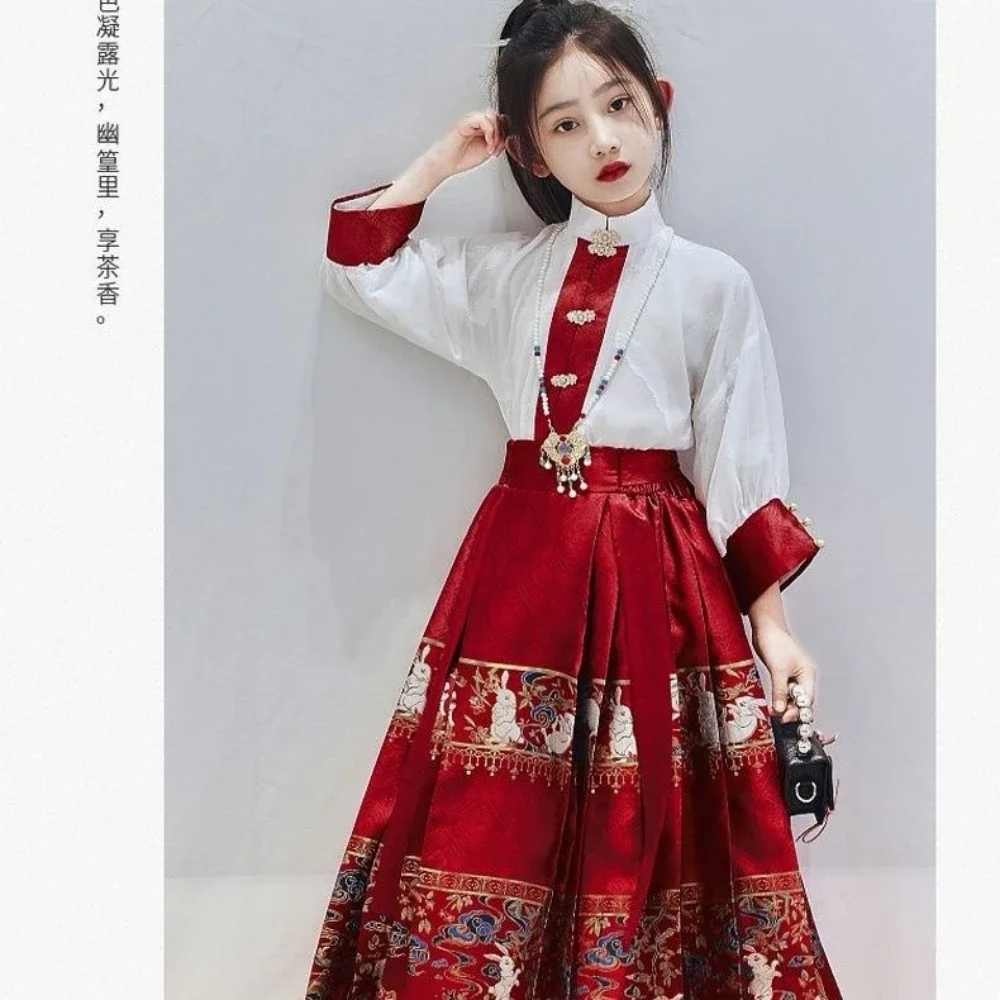 Chinese Hanfu Girls' Improved Horse Face Skirt Chinese Style Tang Suit Ancient Style Girls' Set Children's Ancient Suit Summer a