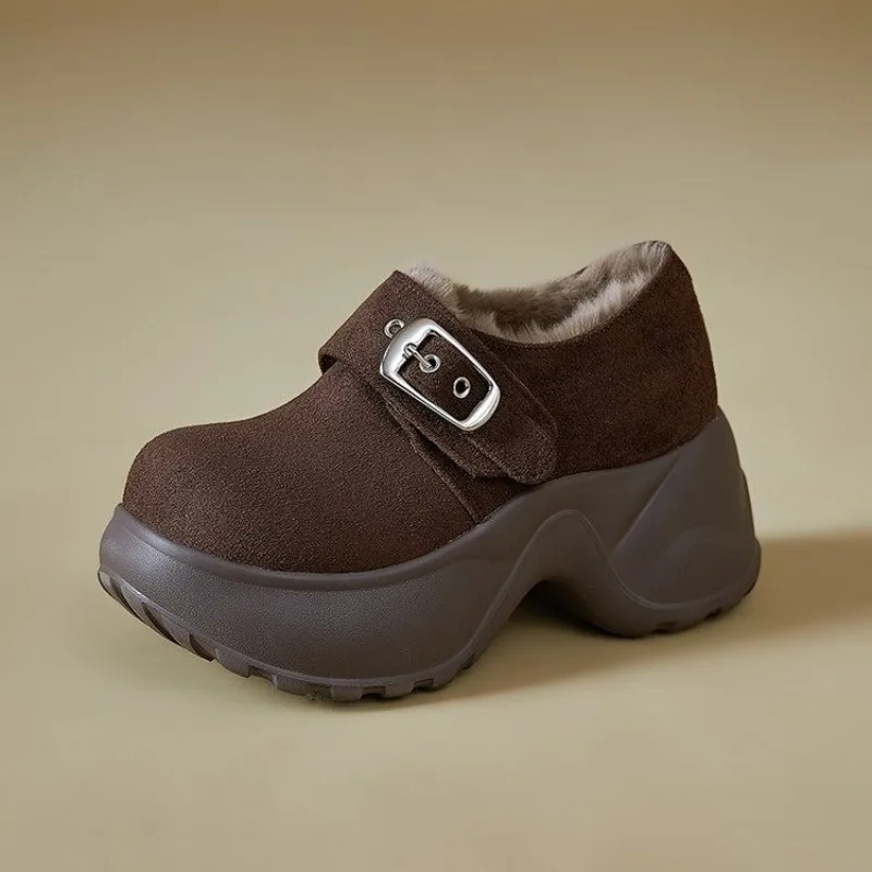 أحذية عالية الكعب موضة جولة تو الجلد المدبوغ مشبك معدني أفخم منصة دافئة عدم الانزلاق كتلة كعب الأحذية القطنية