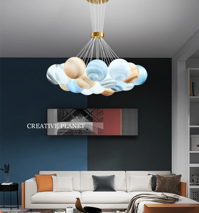 Modern Planet Earth Chandelier Indoor Moon Design Round Decor Droplight Parlor Bedroom Kids Room Creative Colorful Pendant Lamp