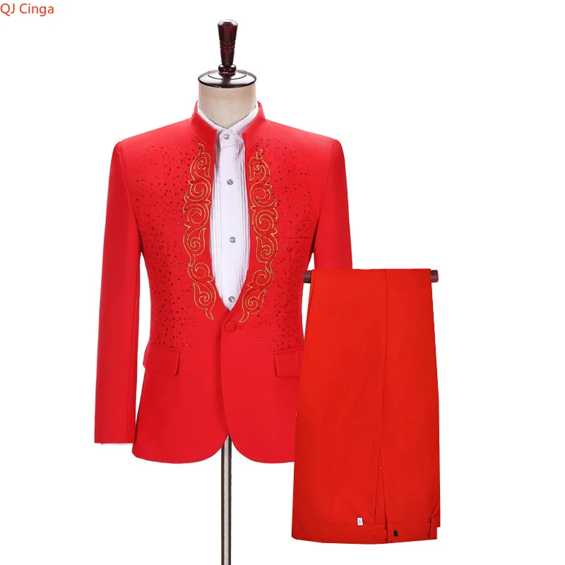 Chinese-style Men's Red Two-Piece Suit, A Jacket Embellished with Rhinestones and Embroidery, Paired with Matching Trousers.