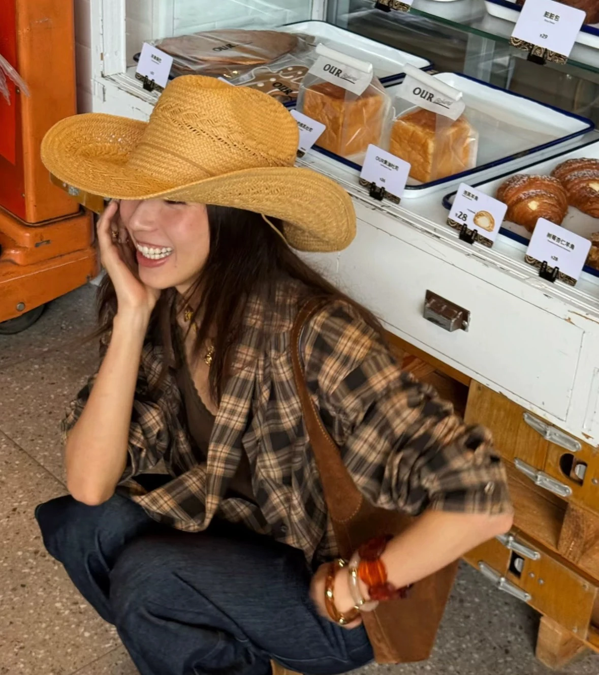 american-style-jazz-top-straw-hat-women's-large-head-size-sunscreen-yangjie-handwoven-denim-wheat-spike-pattern-hat