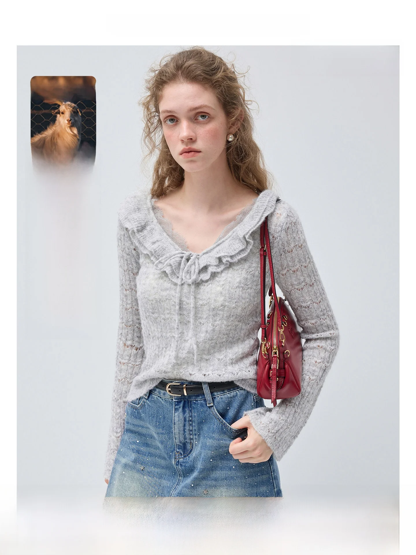 

VEGA CHANG Sweet Heart Wool Blend Knitted Top Spring Lace Splicing Hem Korean Style Straight Cut Long Sleeve V-Neck Dress