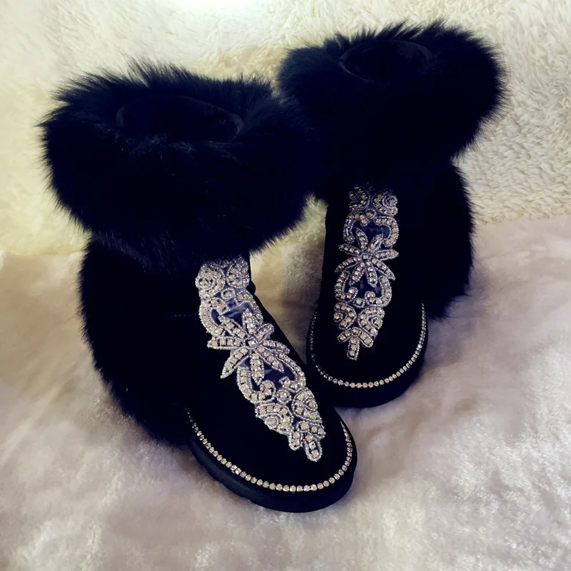 Oversized fox hair Diamond Accessories Fur One Party Snow boots Handmade large size mid-tube women's cotton shoes 35-44