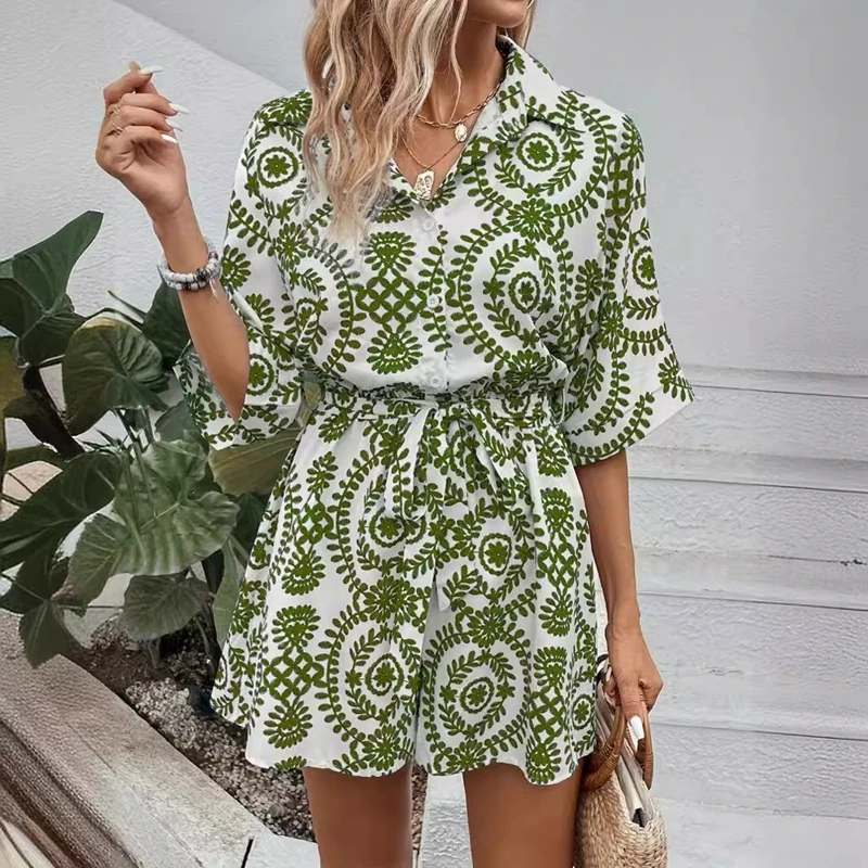 Fashion Women's Jumpsuit Printed V-neck Button up Bat Sleeves Casual Shirt and Short Jumpsuit