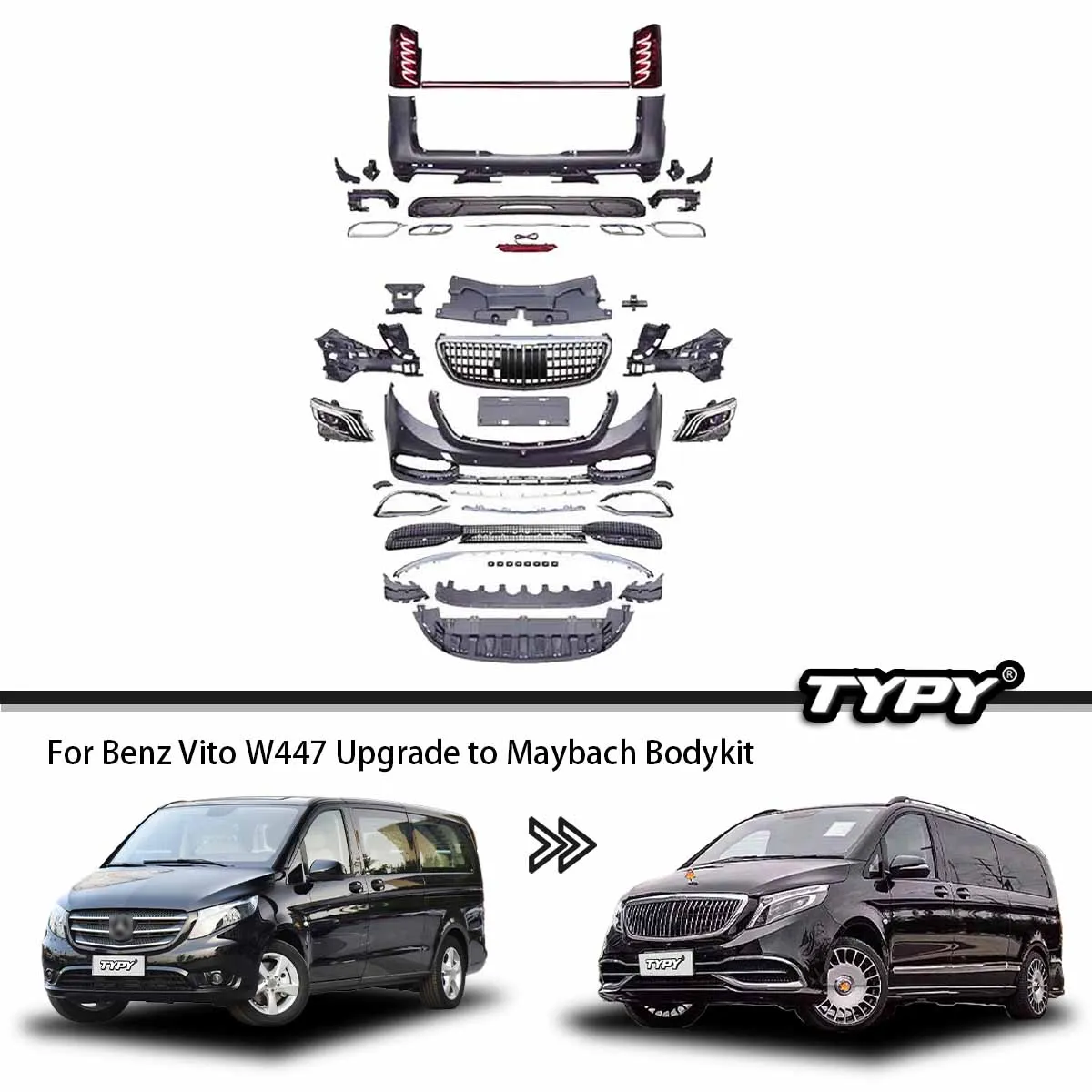 

Комплект кузова TYPY для Benz Vito V260 W447, модифицированные комплекты кузова VS600 Maybach, передние и задние бамперы, дизайн 1:1