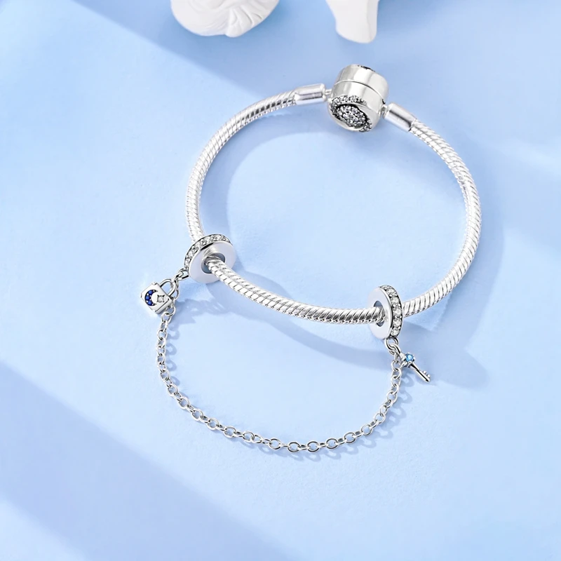 Sparkling 925 Sterling Silver Heart-shaped & Infinity & Triple Clear Jewel Safety Chain Charm Fits Bracelet Fine Jewelry Gift