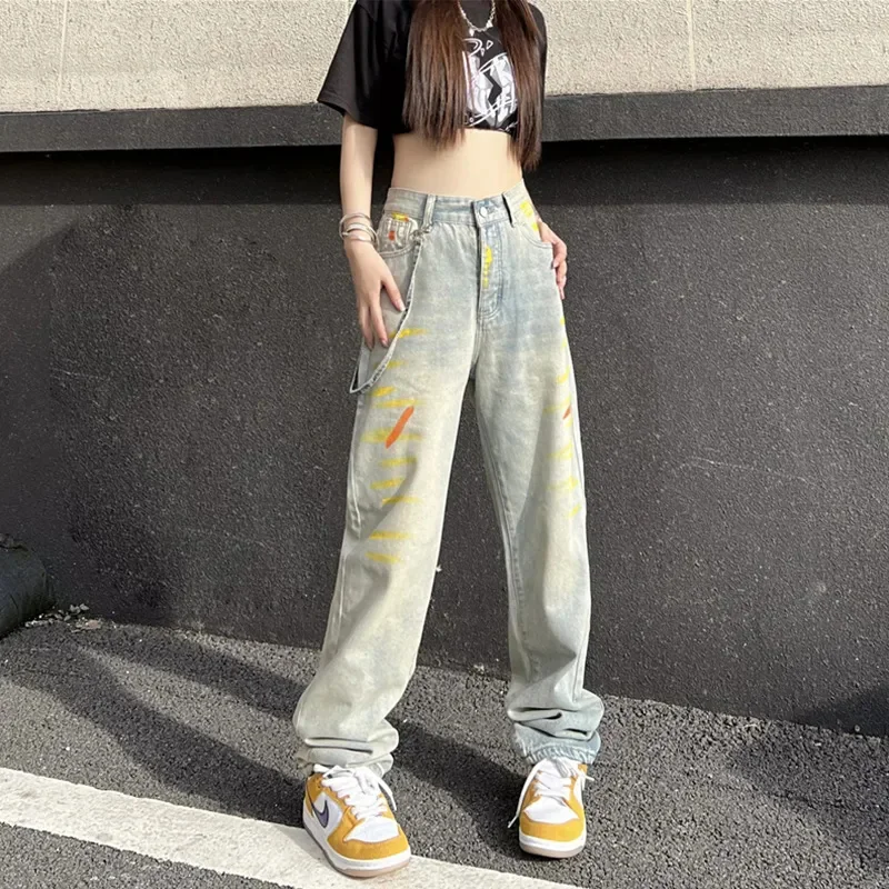 

Splash-ink Side Band Y2k Baggy Jeans Women Korean Style Streetwear Graffiti Trousers Vintage High Waist Wide Leg Women's Pants