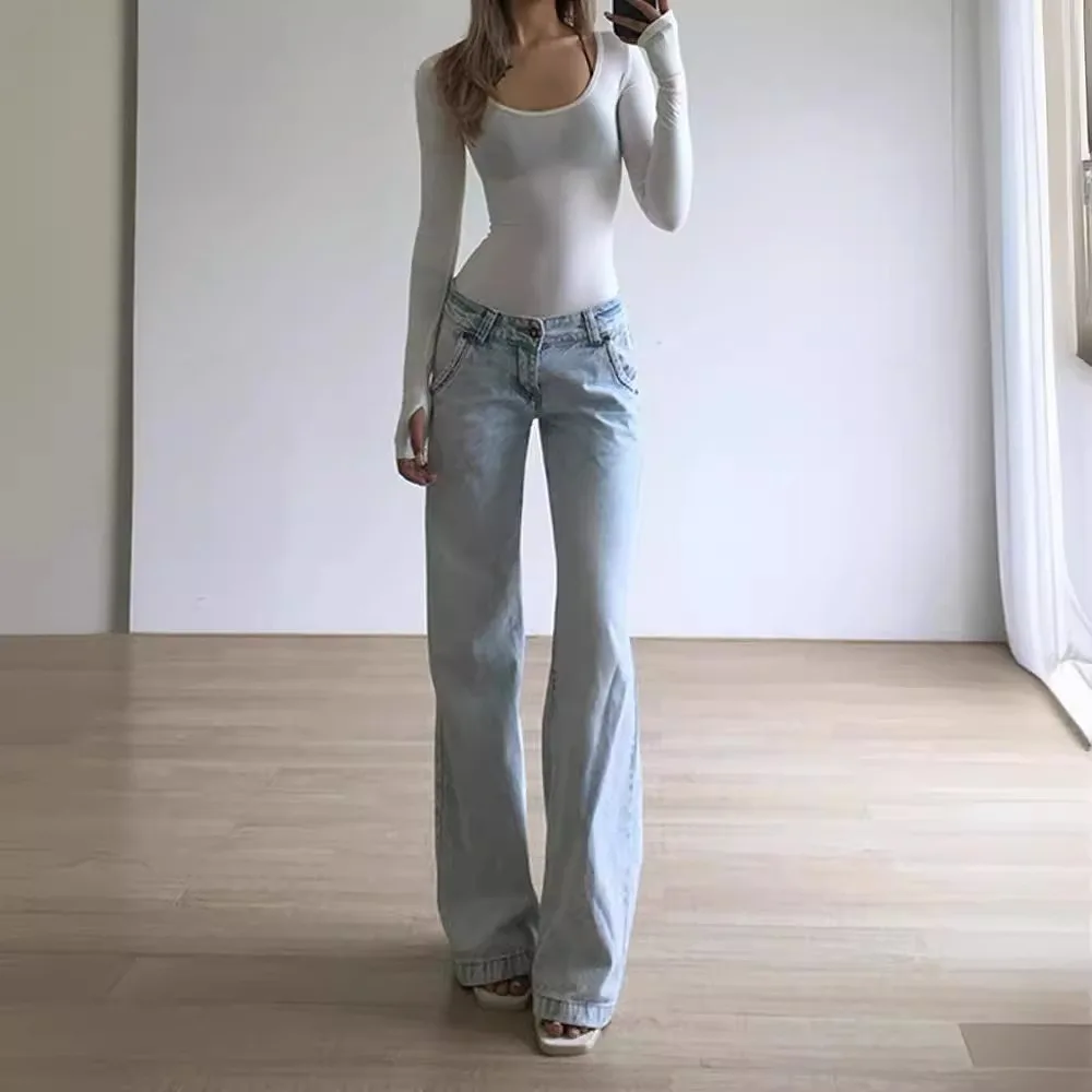 

Women Jeans 2025 Retro Y2K Jeans Light Blue Low Rise Straight Leg Denim Pants Baggy Floor Sweeping Women's Denim Trousers