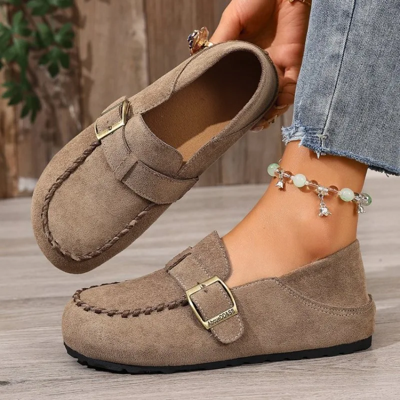 

Women Casual Flat Loafers Buckle Strap Round Toe Hand Stitched Flock Mules Slip on Retro Soft Comfort Daily Walking Shoes Ladies