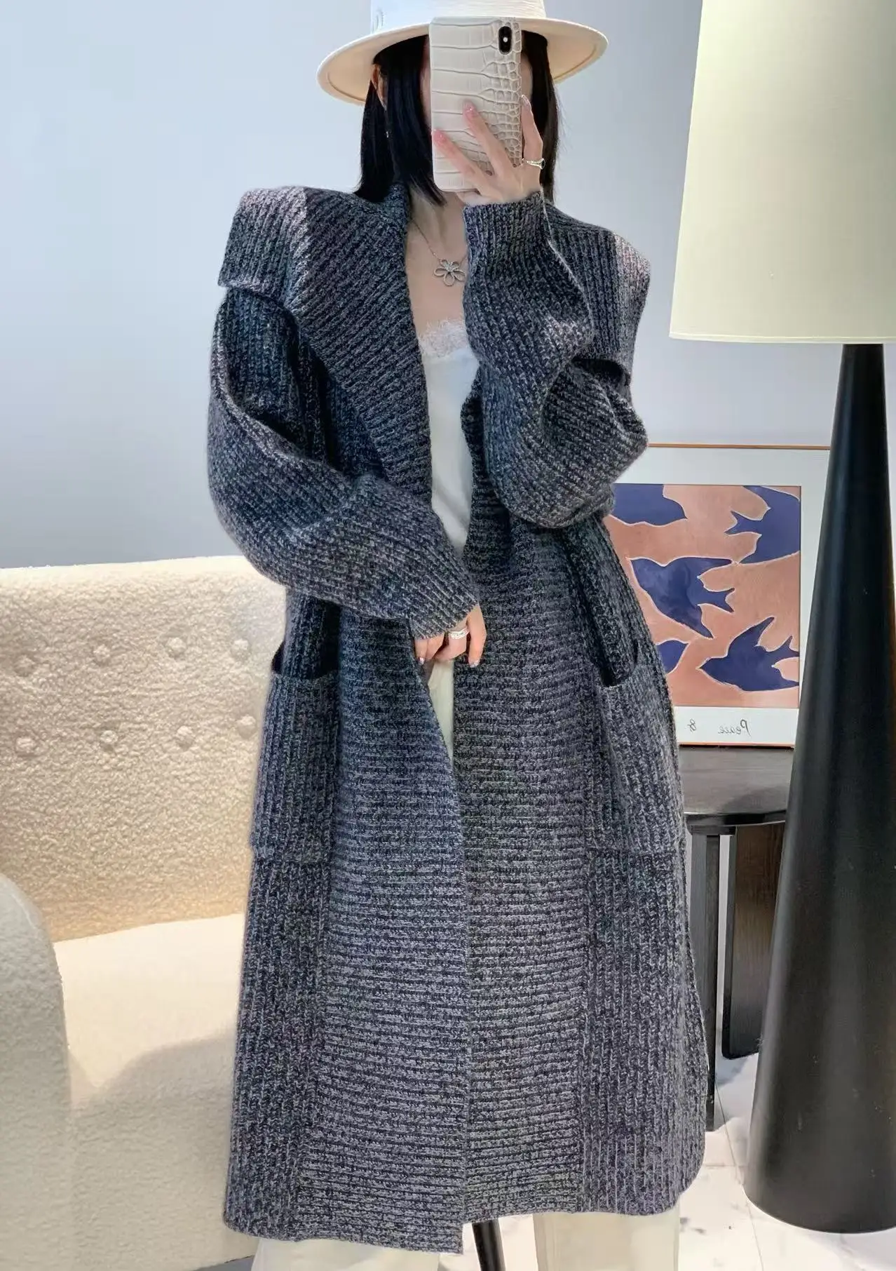 

2025 Women's Clothing Large lapel double pocket long cardigan 1021