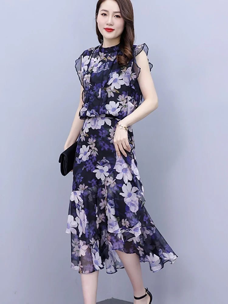 2024 Summer Casual Chic Ruffled Cake Skirt Women Elegant Fashion Bodycon Prom Night Long Vestido Vintage Floral Party Midi Dress