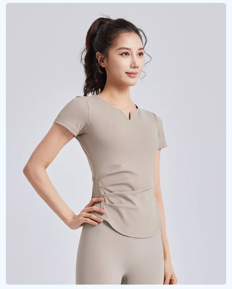 Summer New V-neck Pleated Yoga Clothes Short-sleeved Women's Shock-proof Fixed Cup Slimming Sports Fitness Top