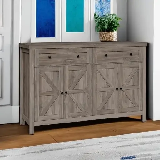 HOSTACK kabinet Sideboard prasmanan, kabinet lemari kopi Modern dengan laci dan rak, pintu gudang 55"