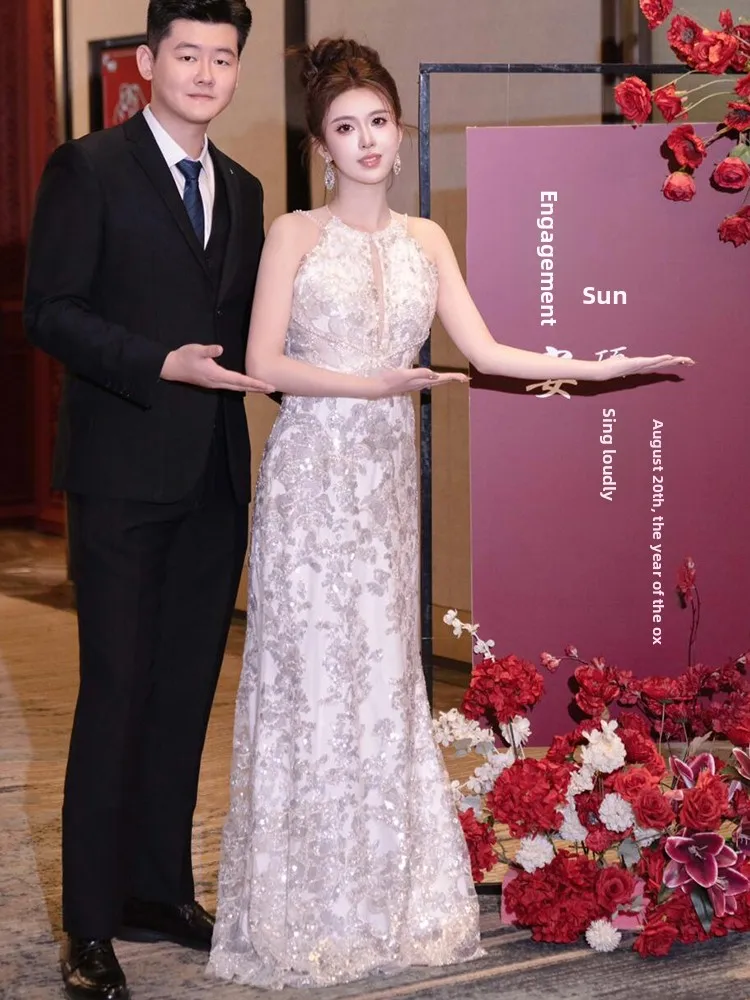 

Ele Bridal Gown with Beads Ne Hanging Sle for Wedding Reception Engagement Par Long Evening Dr for Women