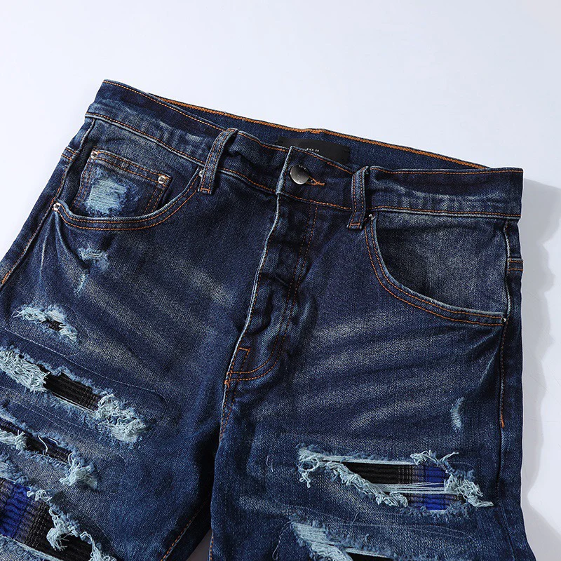 Fashionable Y2K men's jeans, washed with nostalgia, elastic, slim fit, perforated patch, deep blue jeans, high street hip-hop br