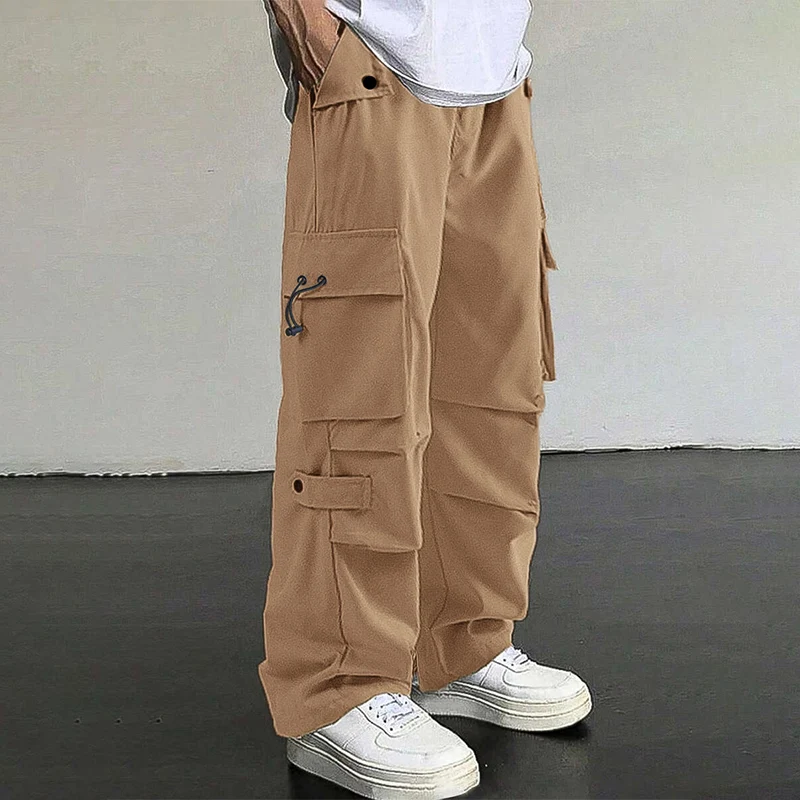 

Men Muti-Pocket Cargo Pants Vintage Loose Straight Paratrooper Pants Man Fashion Cityboy Baggy Drawstring Straight Leg Trousers