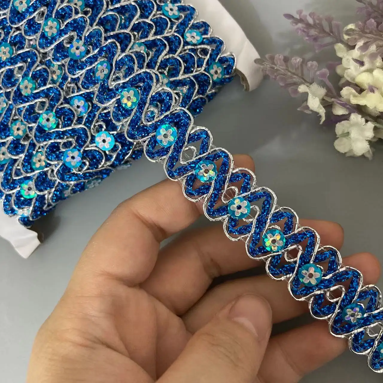 1 Meters Sky Blue Sequin Wave Gold Glitter Lace Trims Filigree S-Shaped Bead Webbing Dance Craft Accessories 1.8cm Sewing