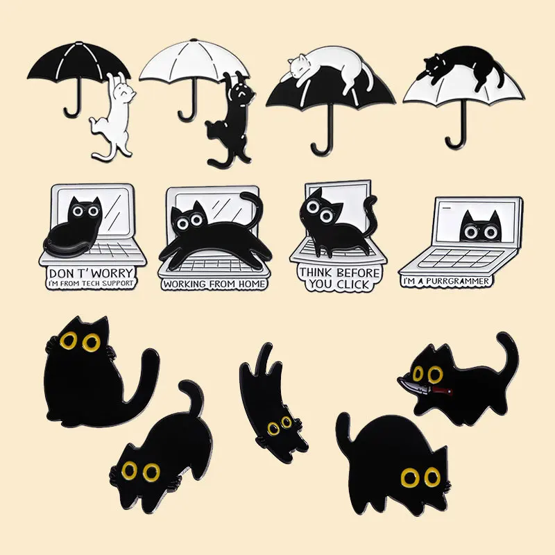 Black Cat Enamel Pins Umbrella White Kitten Brooches Lapel Badges Cute Cartoon Animal Jewelry Backpack Accessories Gift For Kids view 5