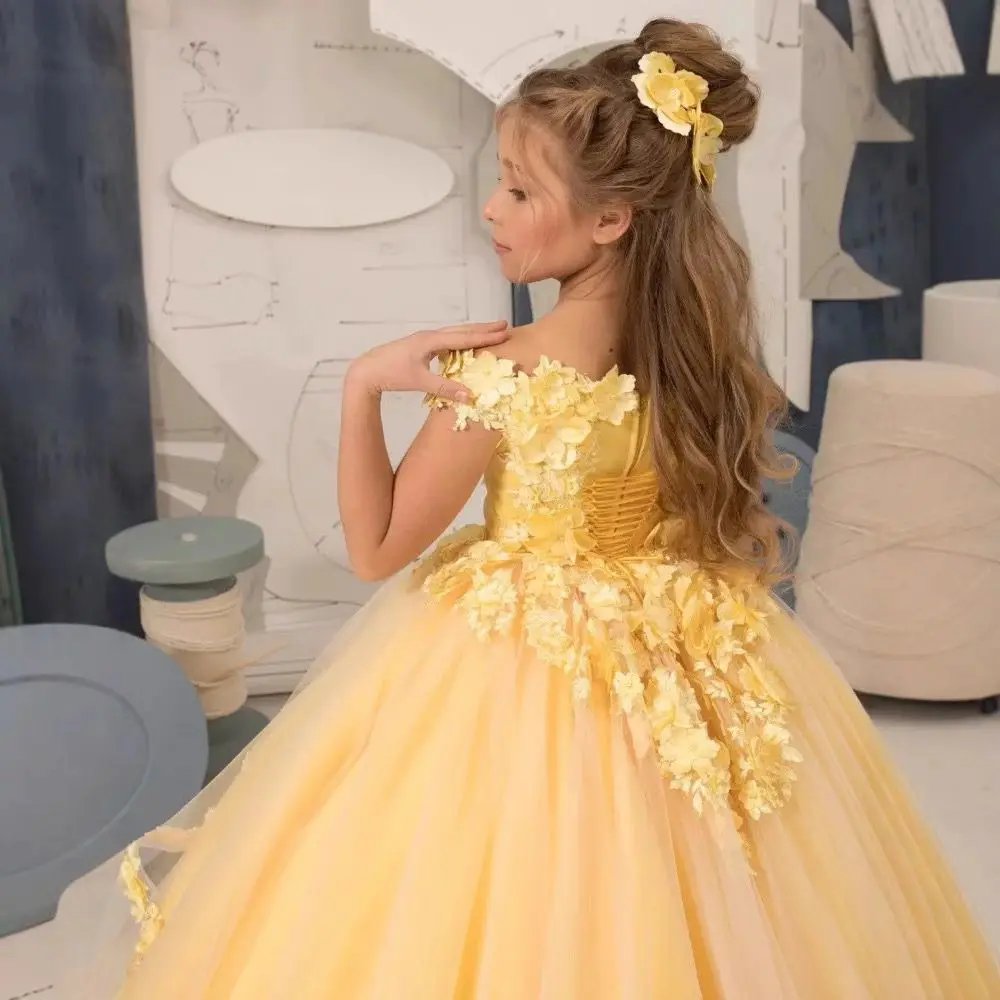 تخصيص فساتين فتاة الزهور الصفراء الديكور زين مهرجان عيد ميلاد للفتيات فساتين التواصل الأول للأطفال فساتين حفلة موسيقية