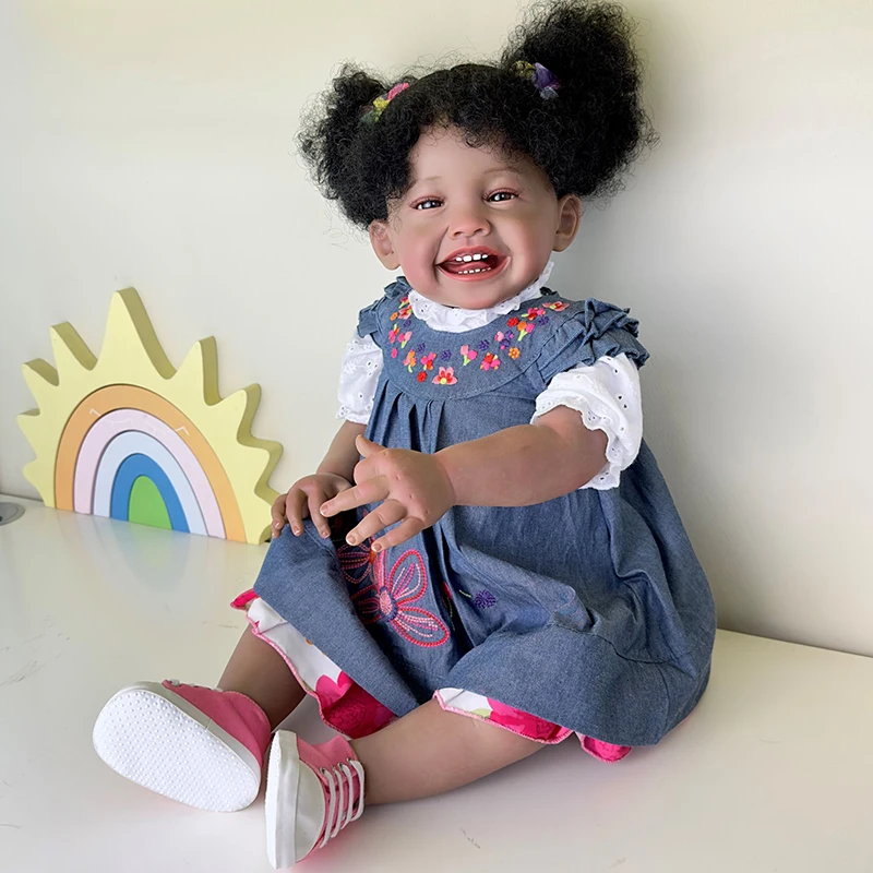 

24inch Mila Dark Brown Skin Reborn Toddler Girl Doll Happy Girl Soft Cloth Body Rooted Hair High Quality Hand Painted Doll