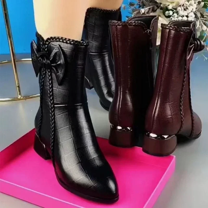 Women\'s Bow Pointed Toe Short Boots Fashion Retro Solid Colour High Heels Party Fleece Cotton Shoes Zapatos De Mujeres