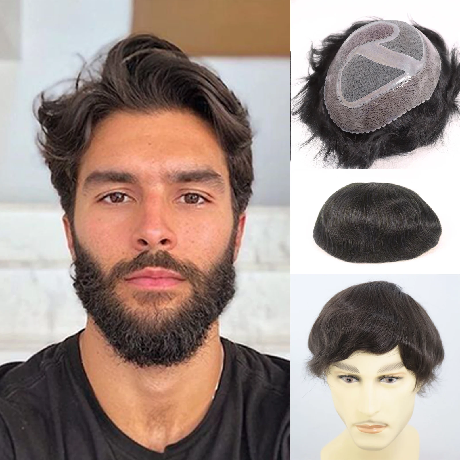 ذكر الشعر البشري استبدال الشعر المستعار للرجال 8x10 بوصة تنفس أحادية و بولي Base قاعدة شعر مستعار نظام الاصطناعية الشعرية السوداء الطبيعية #1