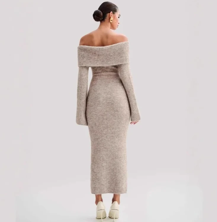 

New Women's Elegant Lapel Off-Shoulder Striped Maxi Dress Formal Evening Gown