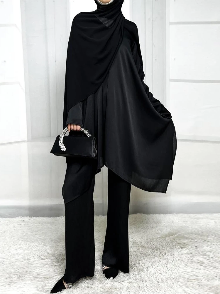 

Eid Muslim Set Women Top Shirt 2 Piece Set Blouse Long Sleeve Shirts Wide Leg Pant Suits Arabic Dubai Musulman Ensembles 2025