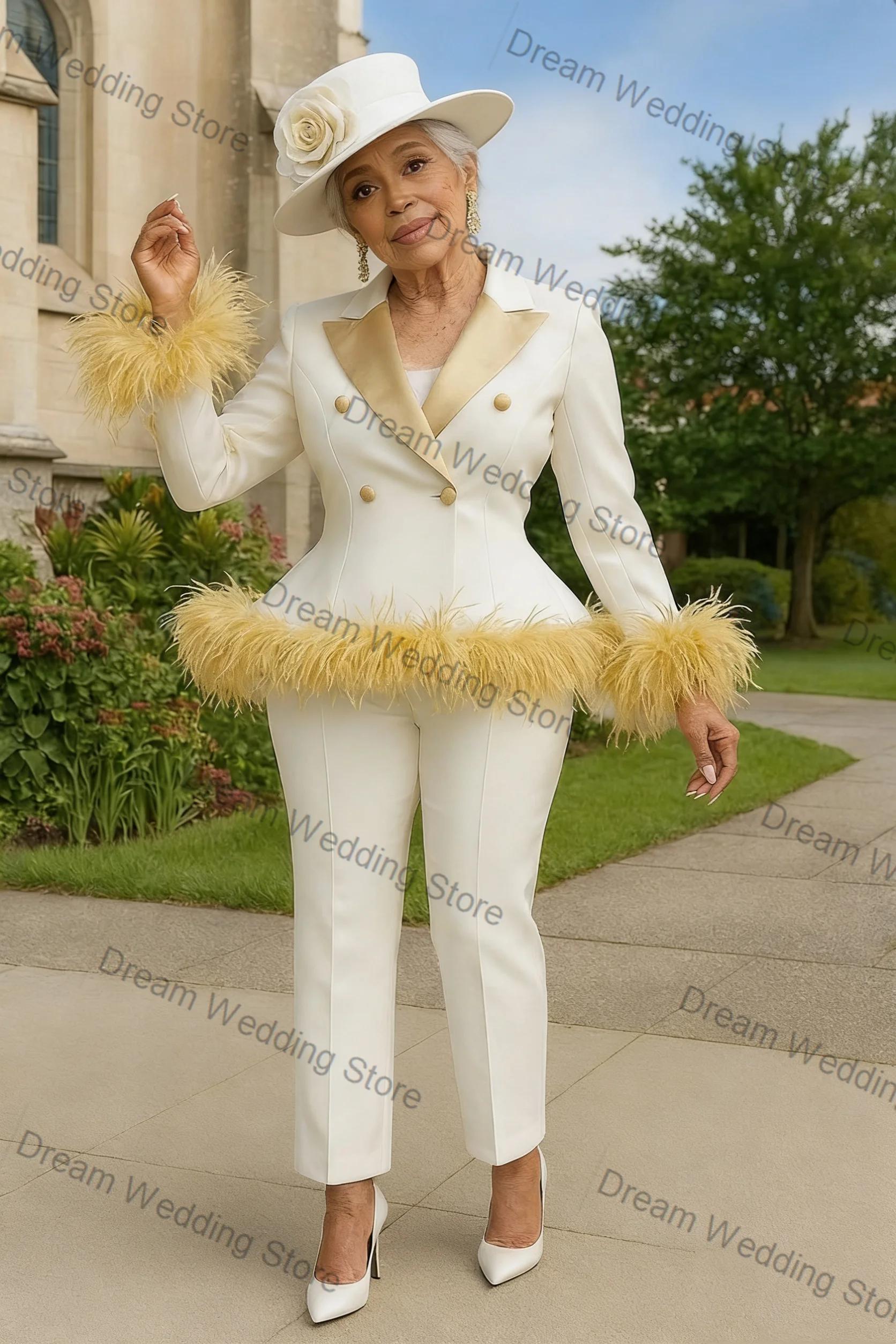 

Luxury White Women Suit Set 2 Pcs Feather Blazer+Pants Trousers Cotton Formal Office Lady Jacket Customized Wedding Guest Coat