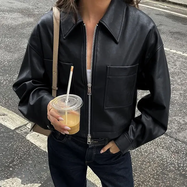 

High End Collar Leather Jacket Matte 2025 Autumn and Winter New Loose and Slimming Short Jacket