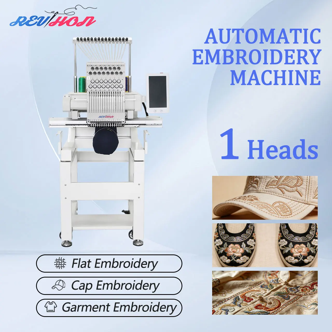 REVHON Single Head Computer Embroidery Machine with 600*400mm Working Area 12/15 Needles Professional Automatic