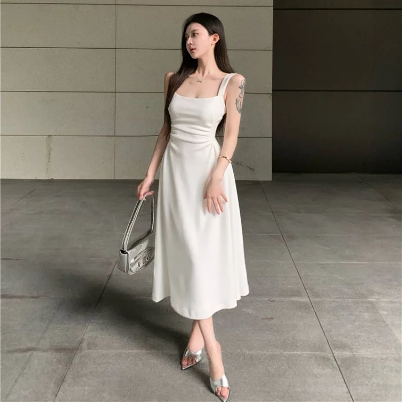 

Женское платье макси с квадратным вырезом, классическое однотонное белое платье А-силуэта без рукавов с драпировкой, элегантное пляжное платье для женщин