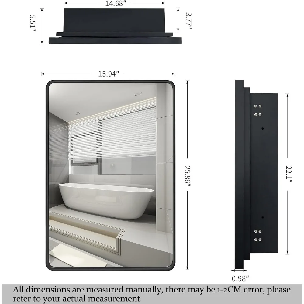 Schwarzer Badezimmer-Medizinschrank mit Einbau- oder Oberflächenmontage und 16-Zoll-Spiegel, Badezimmer-Aufbewahrungsschrank mit großem Raum