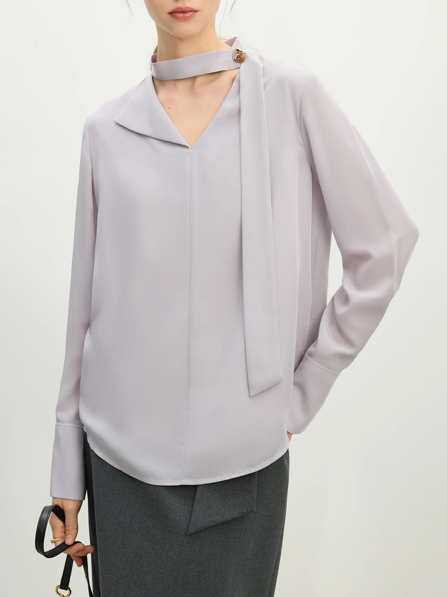 FSLE Women Long Sleeve Chiffon Blouses V-neck Temperament Ribbon Design Light Purple Long Sleeved Shirt Female Tops 25FS11210