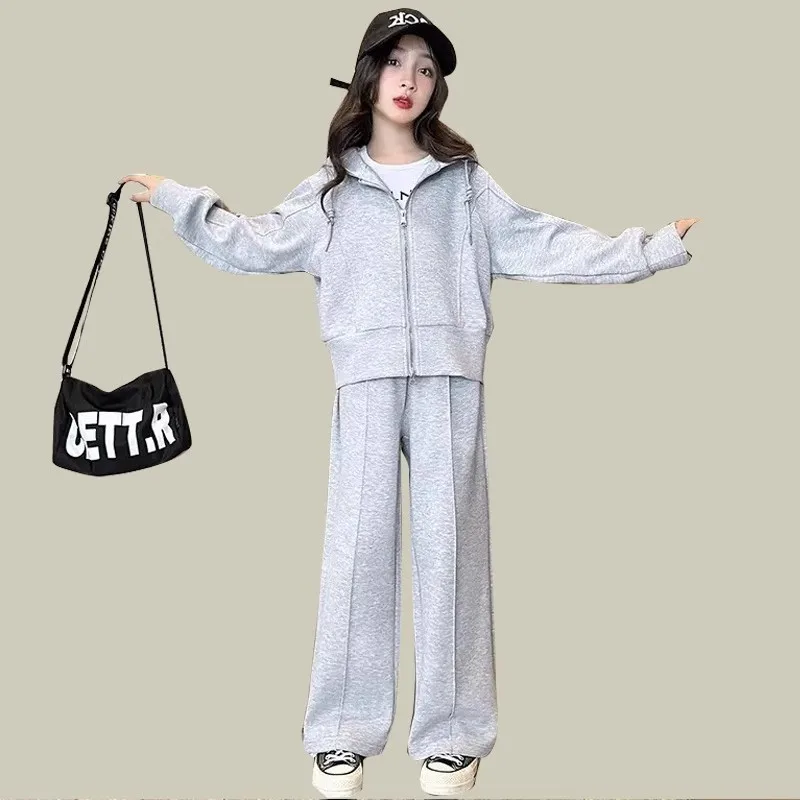 2026 Spring Autumn Girls Plain Double Zip Workout Sweatshirt Jacket+Sweatpant School Kids 2PCS Tracksuit Child Jogger Outfit