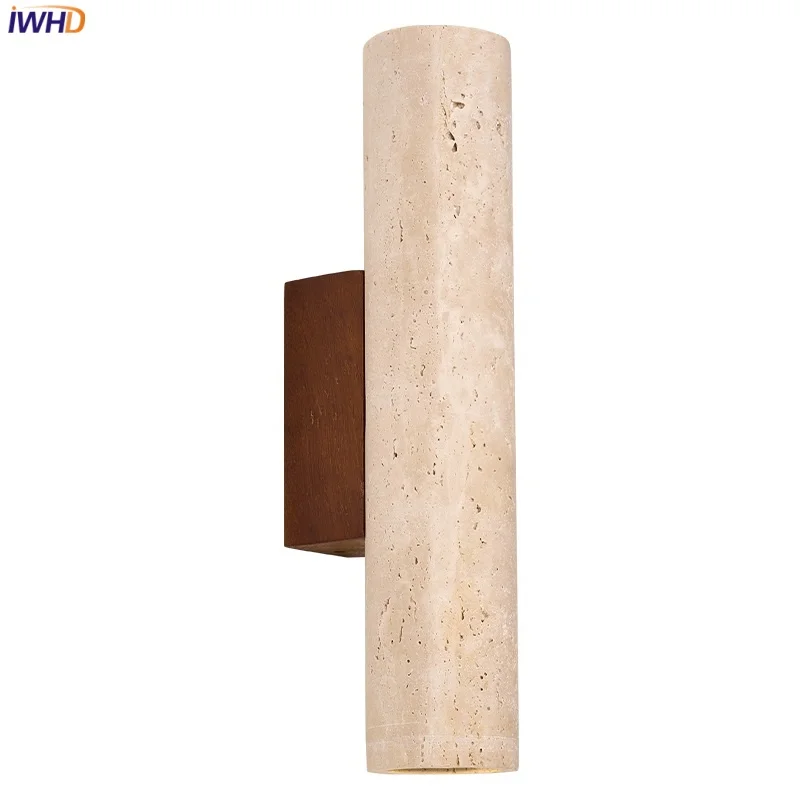 

IWHD Yellow Travertine LED Wall Light Fixtures Hallway Bedroom Wood Canopy Stone Loft Vintage Bedside Lamp Sconce Lampara Pared