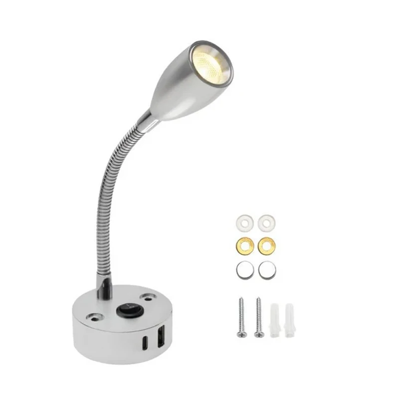 12V RV-leeslamp met 3 kleuren warm neutraal daglicht, traploos dimmen, USB oplaadbaar voor campers, campers, aanhangwagens, boten
