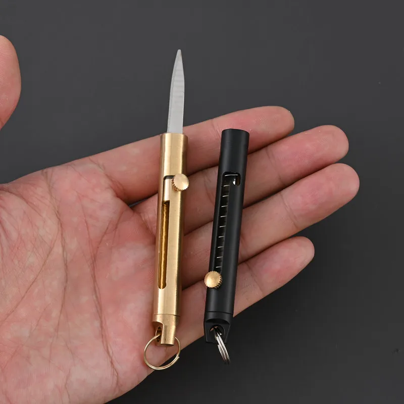 EDC Brass Retractable Knife Outdoor Portable Sharp Utility Knife Camping Self-defense Open Delivery Tool Carry Key Pendant Gift