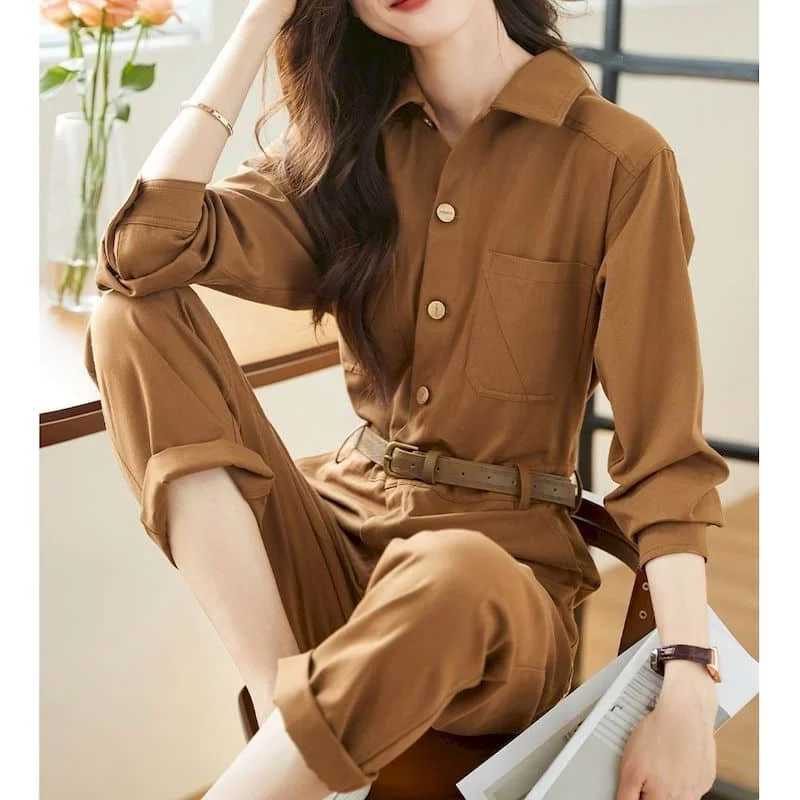 

Workwear Jumpsuits for Women Autumn High-waisted Loose Korean Style Playsuits Long Sleeved Women Clothes Outfits Straight Pants